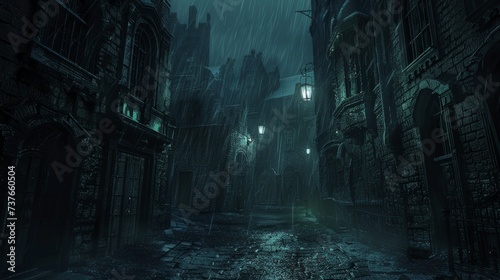 A deserted city street at midnight  lit only by the flickering light of a single street lamp