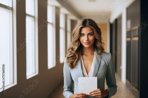 Confident Professional Woman Holding a Document in a Corporate Environment, Open Empty Text Copy Space Used for a Poster, Announcement, Invitation, Message, Seminar or Sign 