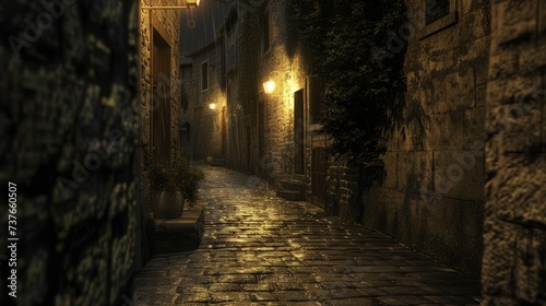 A deserted medieval alleyway at night  illuminated only by the flickering light of wall-mounted lanterns.