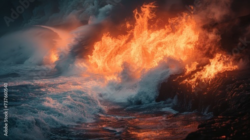 A dramatic scene where a roaring fire meets the crashing waves of the ocean, steam rising where they collide, symbolizing the powerful and opposing forces of fire and water
