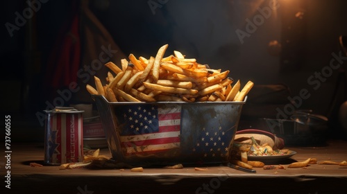 Bucket of French Fries and Soda Can