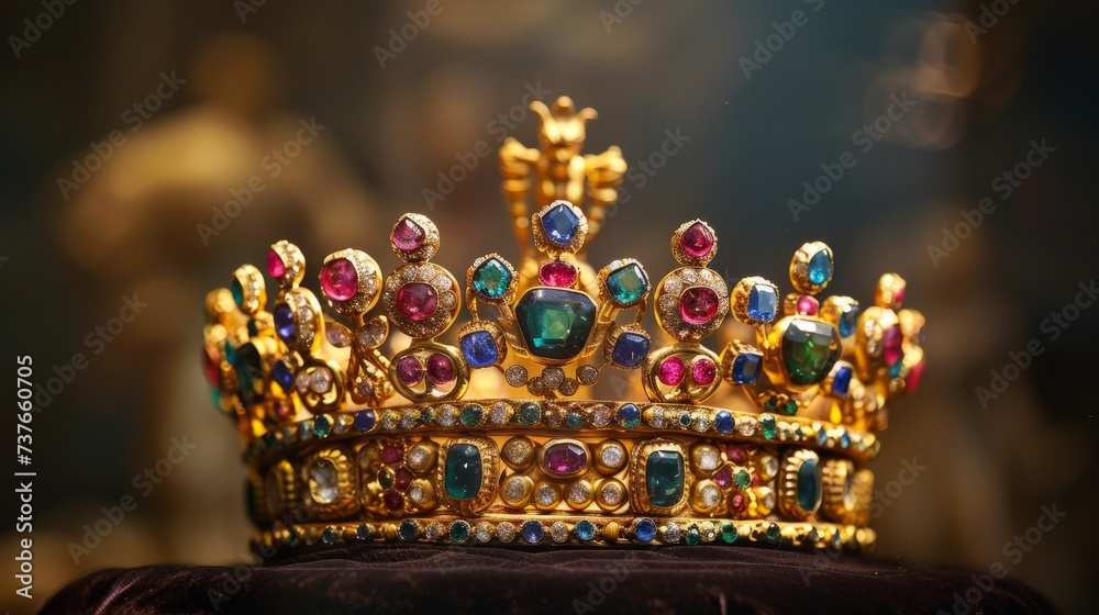 A majestic, gold crown encrusted with rubies, sapphires, and emeralds, resting on a velvet cushion