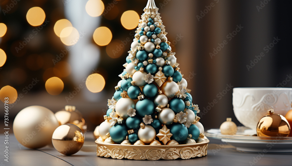 Christmas tree decorated with gold ornaments and glowing Christmas lights generated by AI
