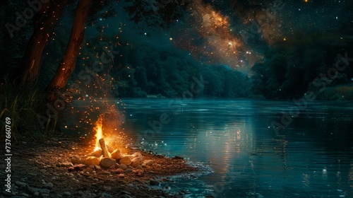 A peaceful coexistence of a campfire beside a tranquil river under the stars  the reflection of the flames dancing on the waters surface  evoking a sense of harmony amidst the wilderness