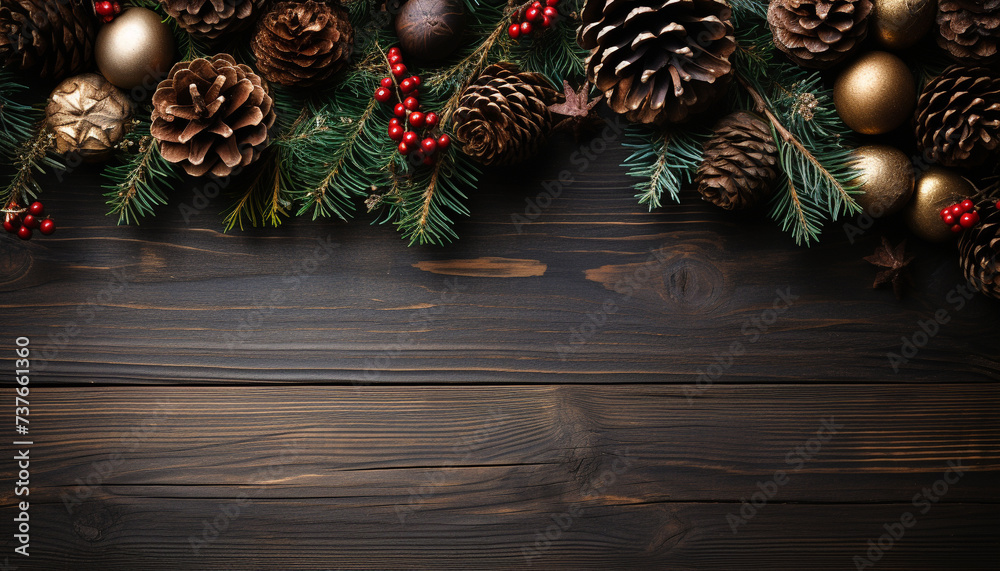 Rustic wood table with ornate Christmas decorations and gifts generated by AI