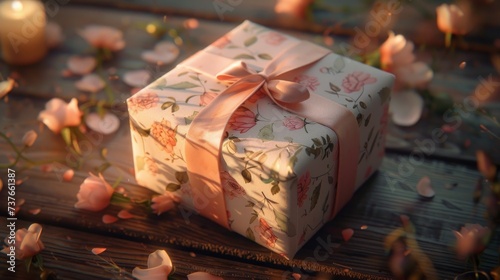 A quaint and charming gift box, wrapped in pastel-colored paper with delicate floral patterns, tied with a satin ribbon.