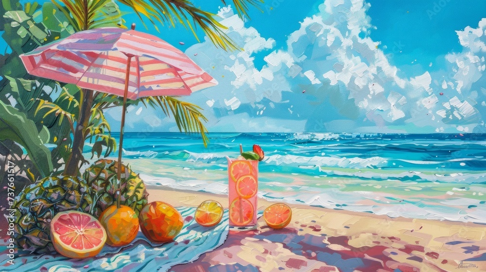 A vibrant beach scene with a girly twist, featuring a pastel striped umbrella, a soft blanket dotted with tropical fruits, and a cool, refreshing drink