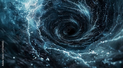 An abstract representation of darkness as a swirling vortex of black and dark blue hues, where specks of light are consumed by the expanding void.