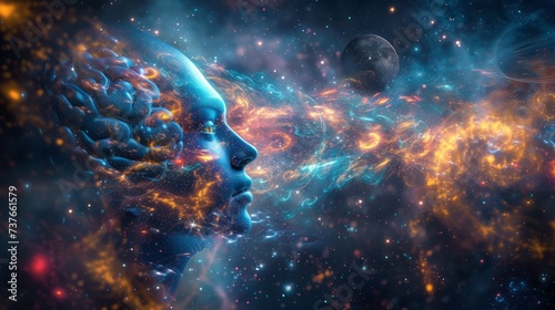 An abstract visualization of the human mind as a vibrant, expanding universe, where neural pathways form constellations that spark with inspiration. 