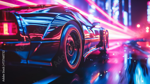 A sports car in the style of the 80s drives along a sports track. Background blur, double exposure, high speed. Pink and purple lights. © INTHEBLVCK