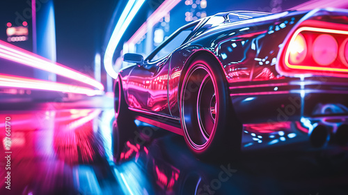 A sports car in the style of the 80s drives along a sports track. Background blur, double exposure, high speed. Pink and purple lights. © INTHEBLVCK