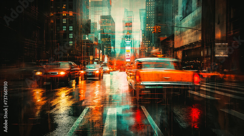 A sports car in the style of the 60s drives in city traffic. Background blur, double exposure, high speed. Yellow-red lights. Retro stylization of the picture.