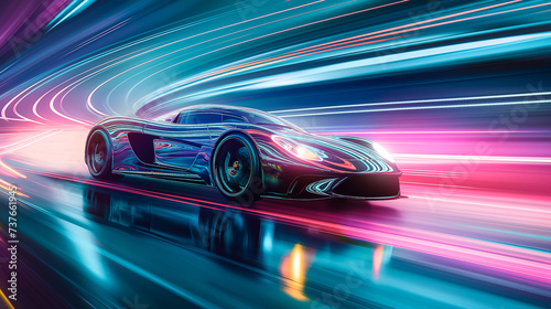 A sports car in the future style drives along a sports track. Background blur, double exposure, high speed. Pink and purple lights. 