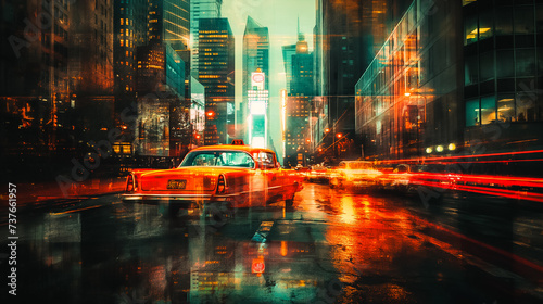 A sports car in the style of the 60s drives in city traffic. Background blur  double exposure  high speed. Yellow-red lights. Retro stylization of the picture.
