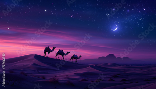 A tranquil caravan of camels traverses the starry desert at twilight, under a crescent moon; ideal for Ramadan.