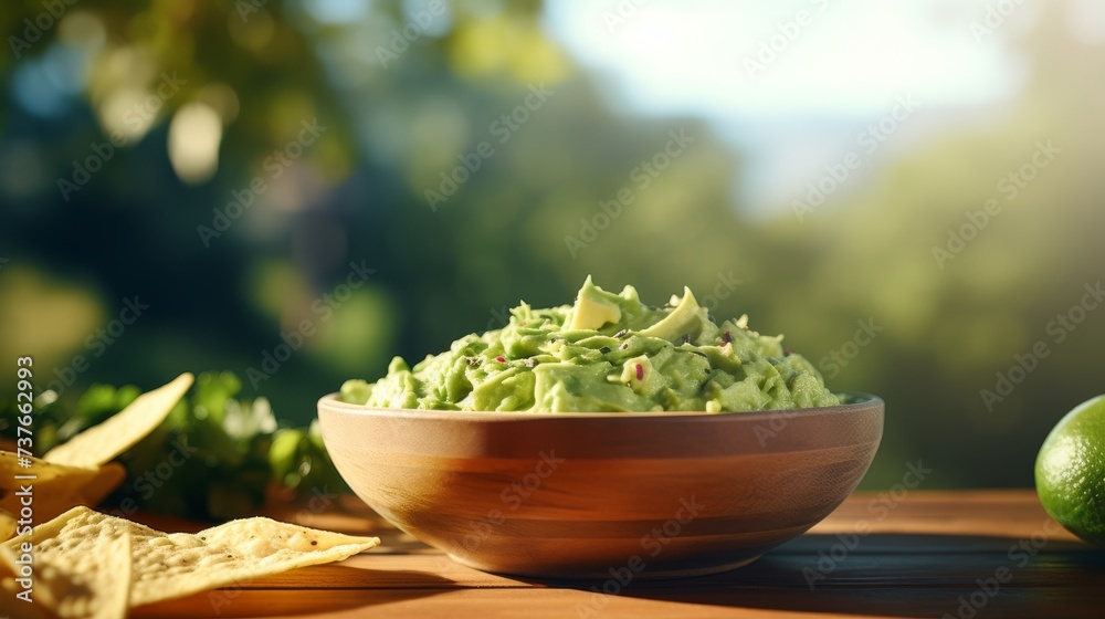 Wooden Bowl Filled With Guacamole and Chips