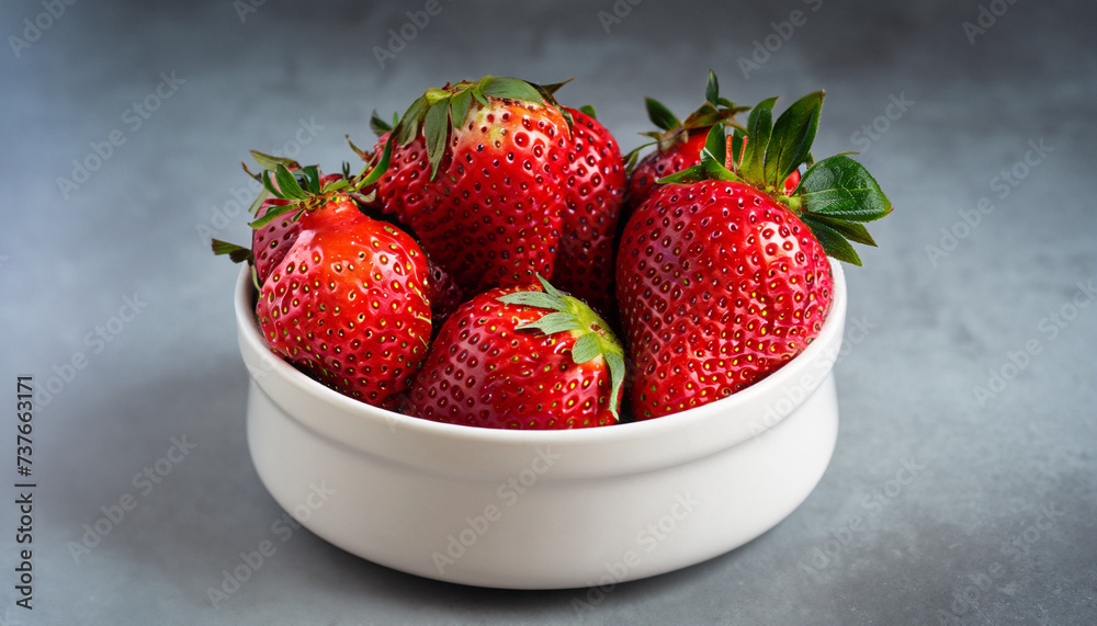 Close-up of vibrant organic strawberries in a white dish with a blue trim, set on a muted gray background. Close-up of vibrant organic strawberries in a white dish with a blue trim, set on a muted gray background.