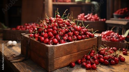 Wooden Box Overflowing With Red Cherries