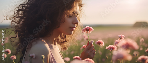 Beautiful woman smelling flowers in a field enjoying spring
