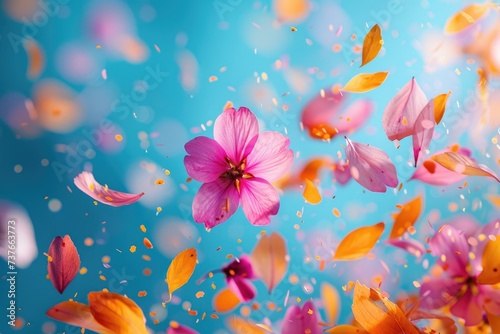 petal flowers confetti falling from a bright blue sky on an autumn or spring professional photography #737663773