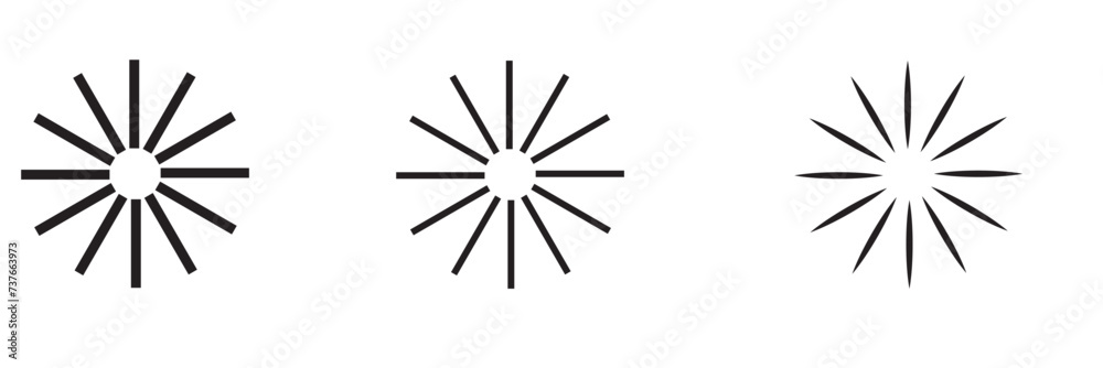 Radial circle lines. Circular radiating lines geometric element. Sun star rays symbol. Abstract geometric shapes. Design element. Vector illustration isolated on white background Radial circle lines. Circular radiating lines geometric element. Sun star rays symbol. Abstract geometric shapes. Design element. Vector illustration isolated on white background