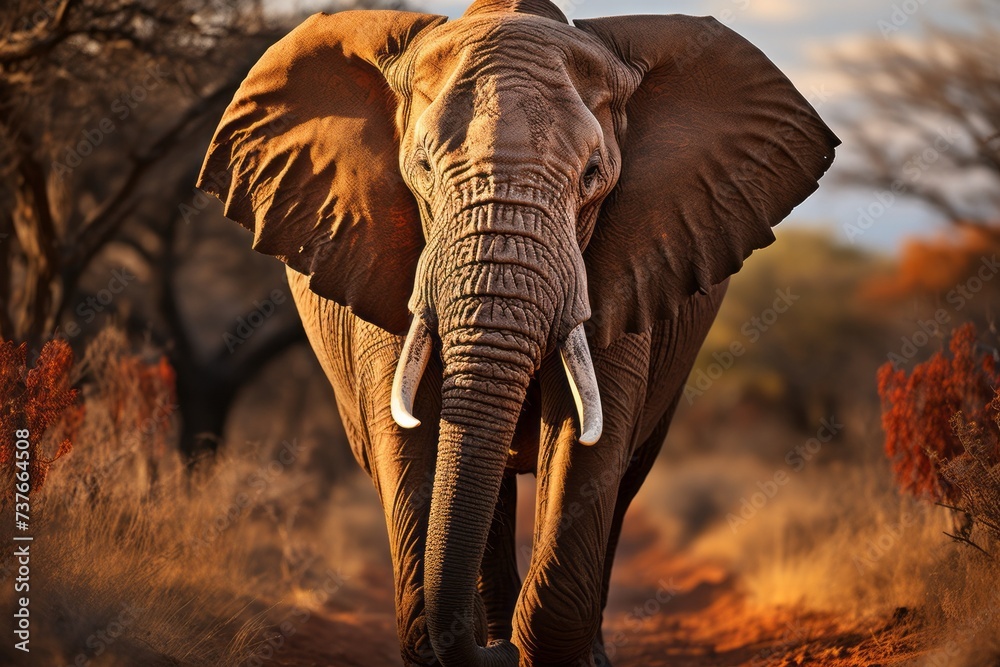 an elephant is walking through a dry grassy field - obrazy, fototapety, plakaty 