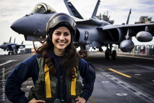Capturing the Essence of a Female Aircraft Carrier Crew Member, Poised on the Flight Deck with Jets Behind Her
