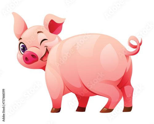 Cartoon happy pig from back view. Vector illustration isolated on white background