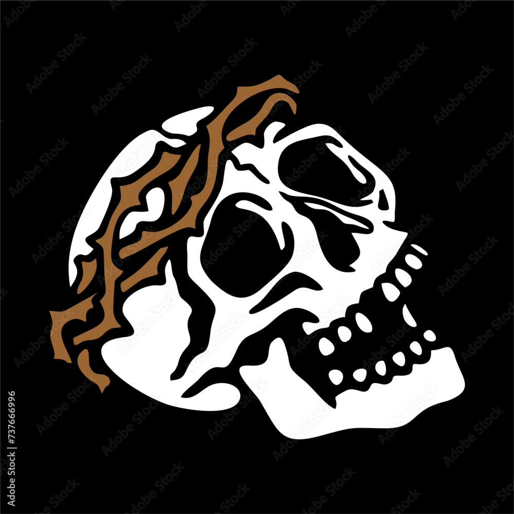 vector illustration artwork of skull head with roots crown. Can be used ...