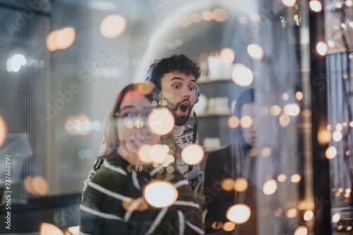 Young people expressing surprise and excitement behind glass with bokeh lights.