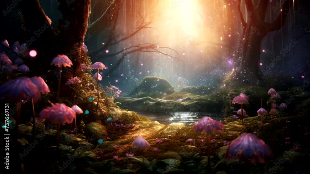 Beautiful forest with fairy tale scene, animated virtual repeating seamless 4k	
