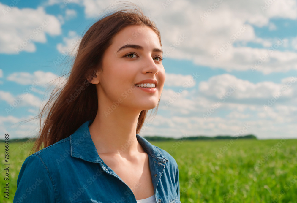 Portrait of a beautiful young woman in the field on a sunny day