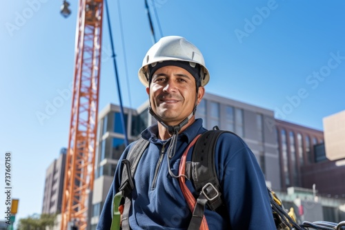 An experienced Rigging Specialist, in his hard hat and safety gear, set against the canvas of a thriving construction project