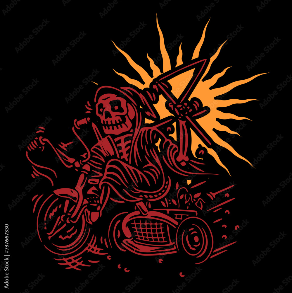 Fototapeta premium vector illustration artwork of grim reaper riding mini bike bring flag.