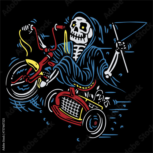 vector illustration artwork of grim reaper riding mini bike bring flag.