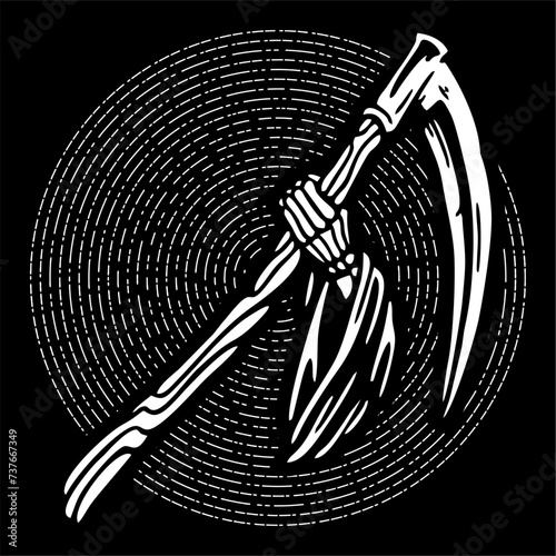 vector illustration artwork of hand grim reaper bring long scythe sharp. 