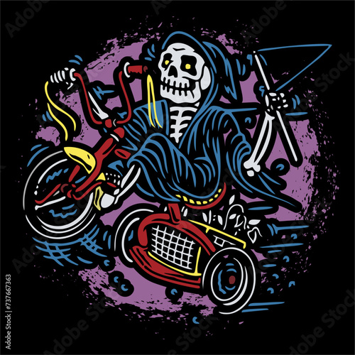 vector illustration artwork of grim reaper riding mini bike bring flag.