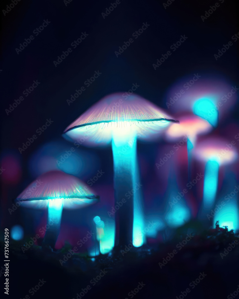 Fantasy glowing mushrooms in mystery dark forest close-up