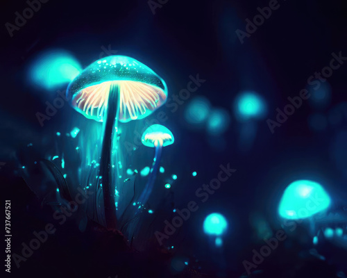 Fantasy glowing mushrooms in mystery dark forest close-up