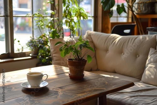 A cozy coffee shop scene with a sofa and a wooden table Featuring a cup of coffee and a potted plant Creating an inviting atmosphere for relaxation and social gatherings