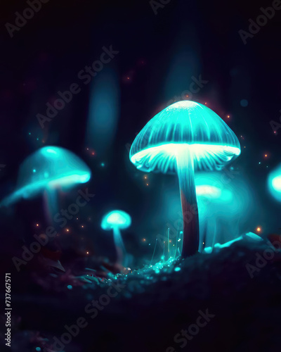 Fantasy glowing mushrooms in mystery dark forest close-up