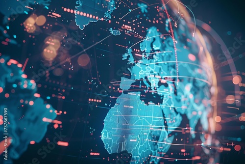 A digital world map symbolizes global connections and futuristic digital networks With a stylish cgi world globe in blue Representing human connectivity and the digital age