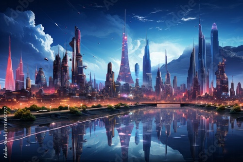 a futuristic city is reflected in a body of water