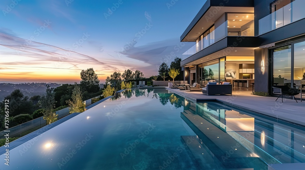 Impressive modern mansion with pool at dusk