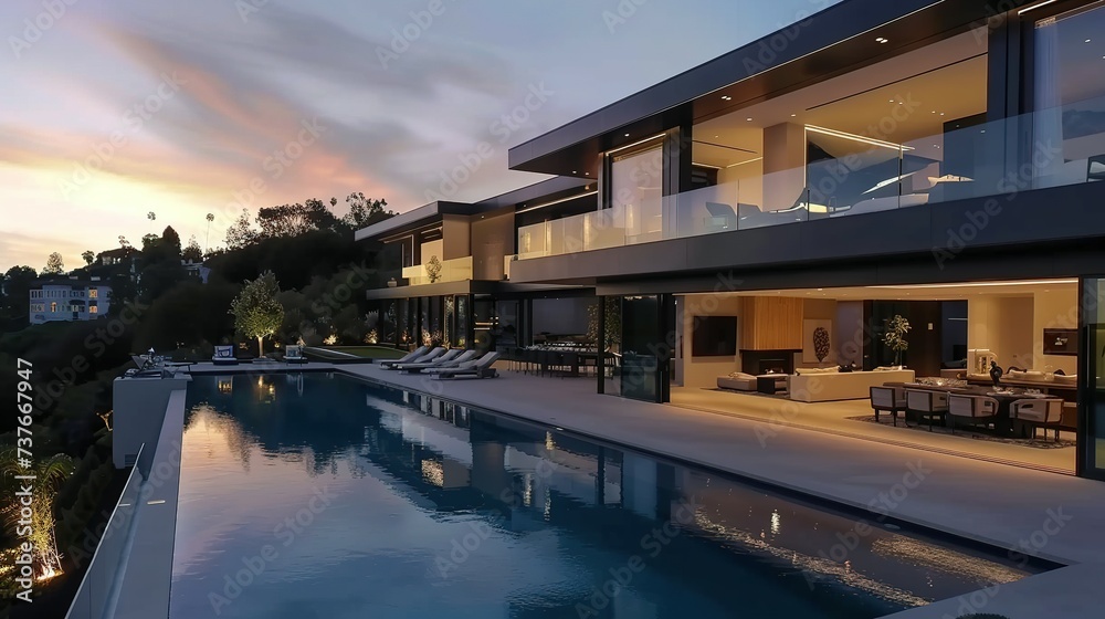 Impressive modern mansion with pool at dusk