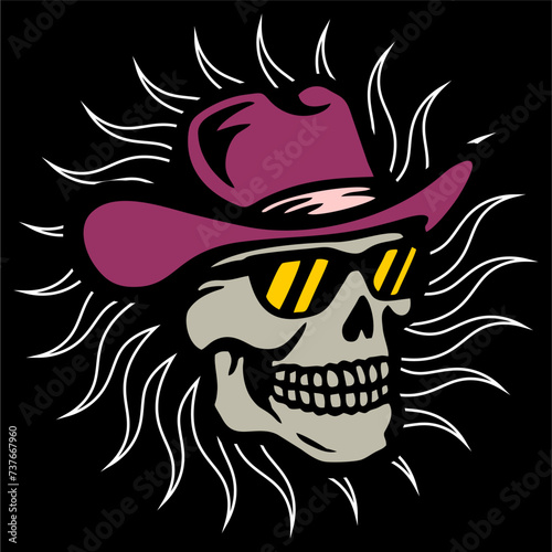 vector illustration artwork of skull head with cowboy hat and sun glasses