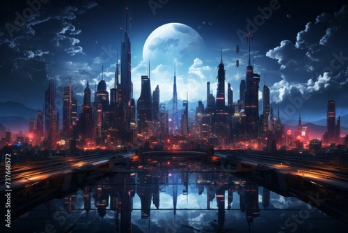 Cityscape with skyscrapers silhouetted against the moonlit night sky