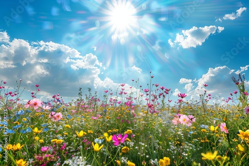 Colorful flower meadow illuminated by sunbeams under a blue sky Creating a serene and vibrant nature banner Perfect for spring greetings and summery designs