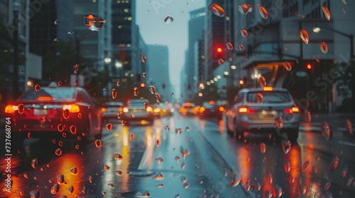 Photograph of busy city street, taken at dusk on a rainy day, water beading on glass, camera focus on window. AI generative