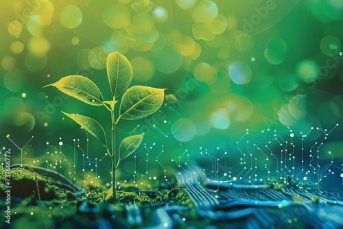 Conceptual illustration of tech plant growth Representing the fusion of nature and technology in promoting sustainable innovation photo